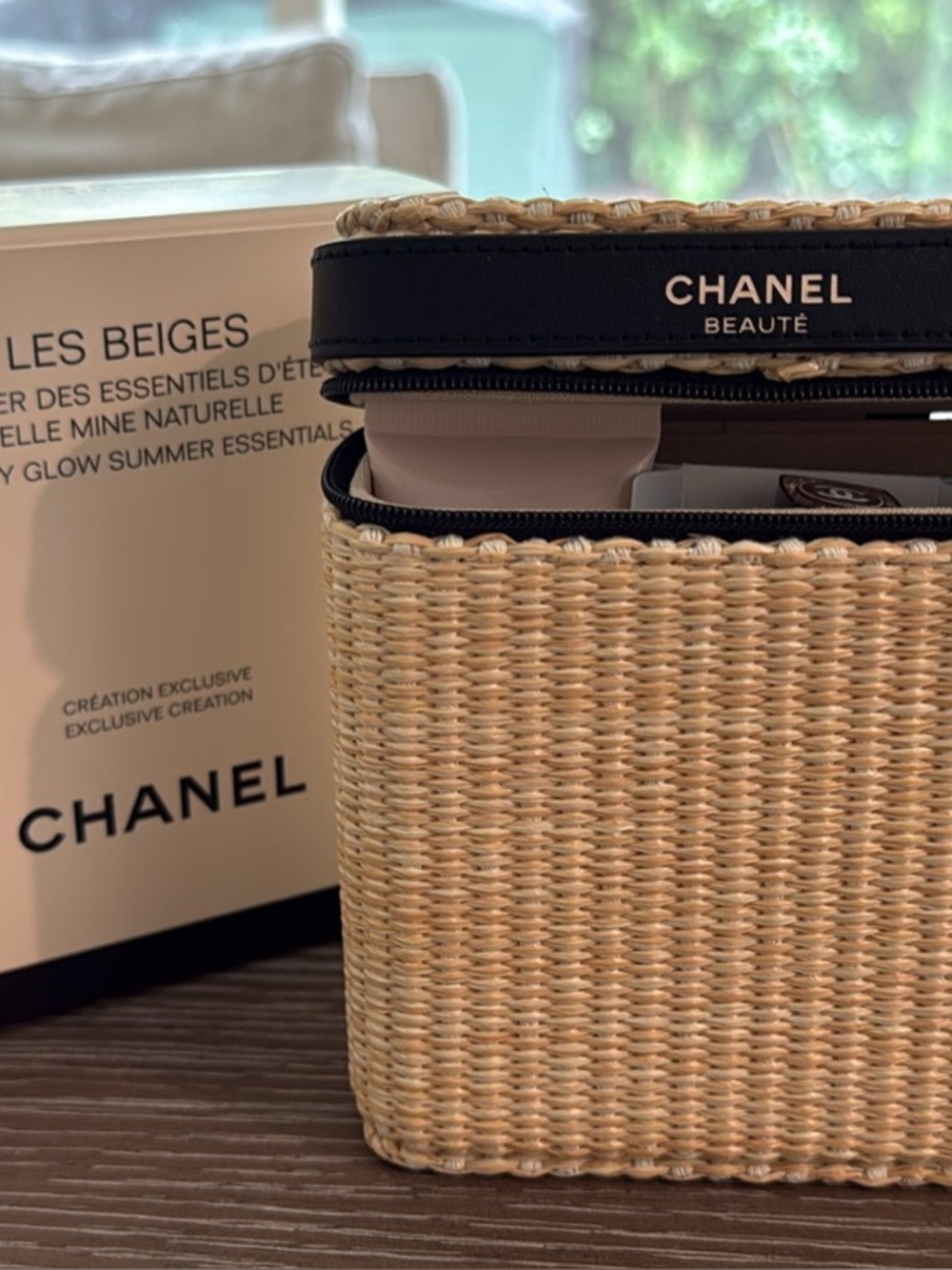 CHANEL Woven Cosmetic Pouch in Natural Beige with Black Trim